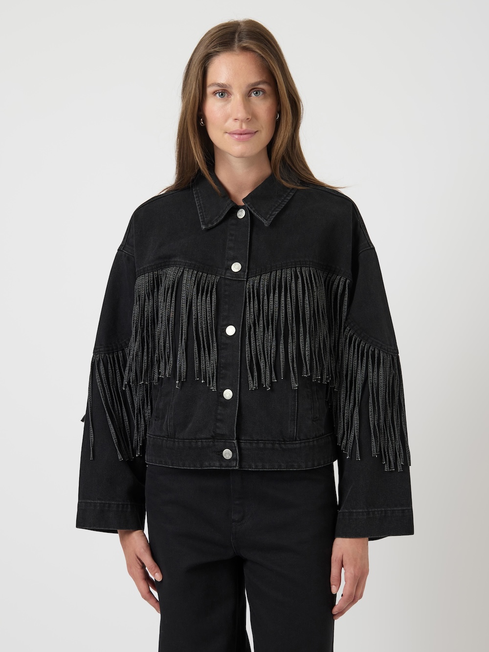 Yasaiko denim fringe jacket zwart