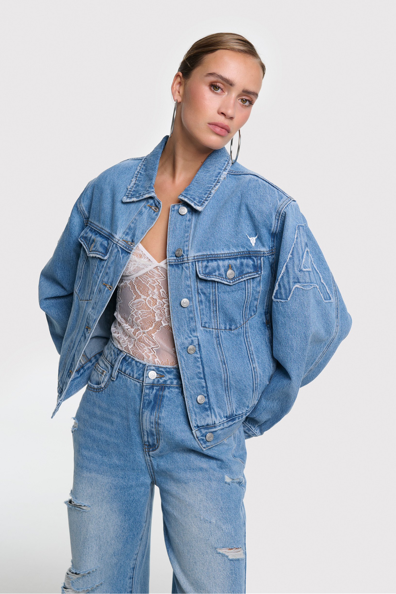 ladies woven soft denim patch jacket alix the label