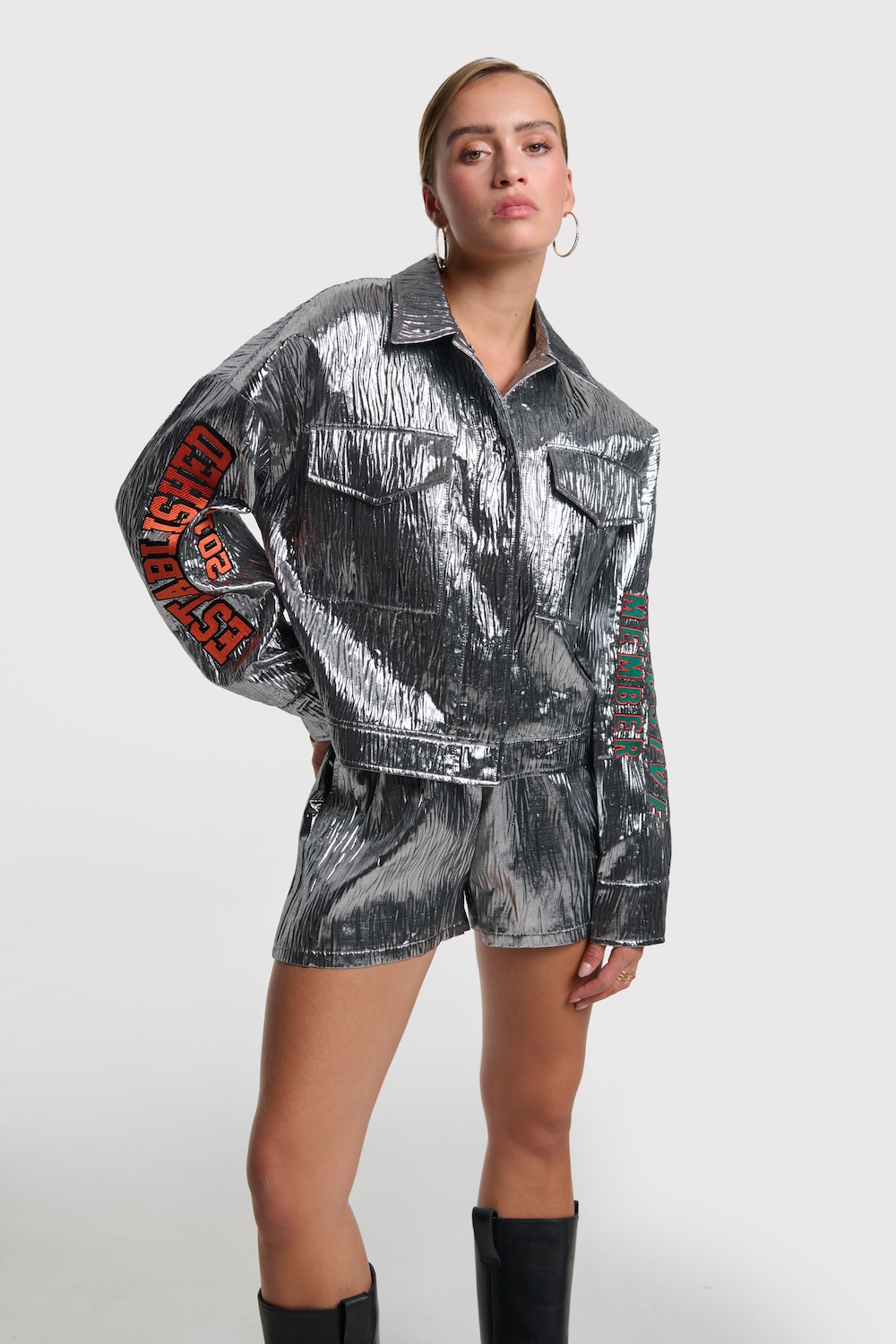 Silver crinkle shorts alix the label