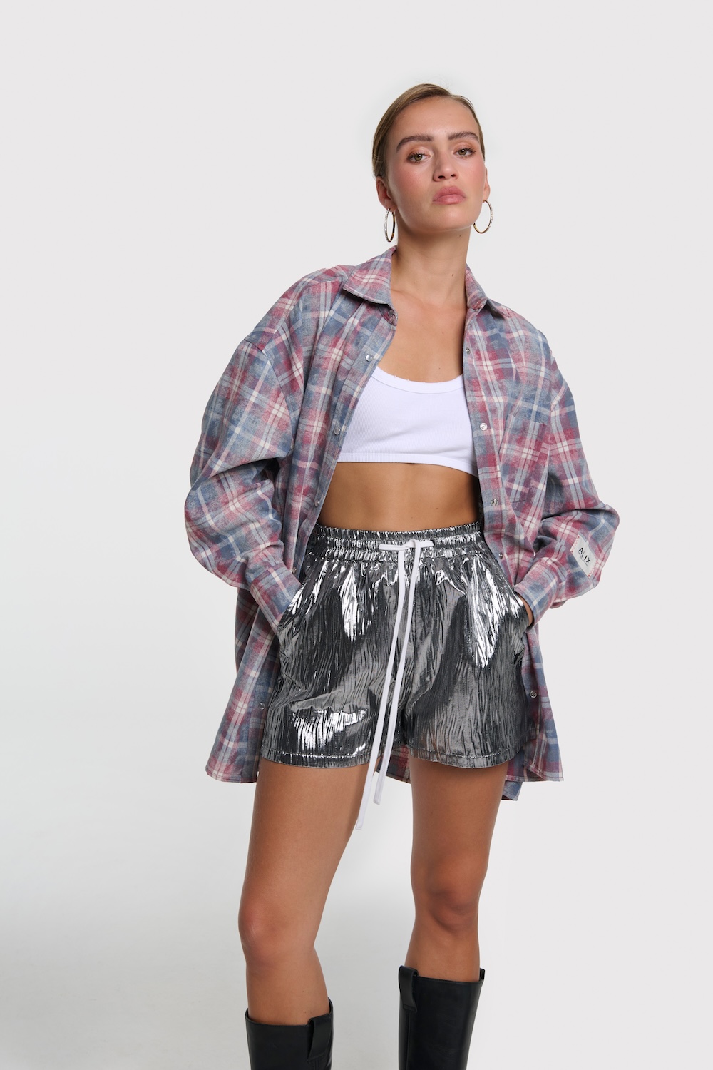 Silver crinkle shorts alix the label