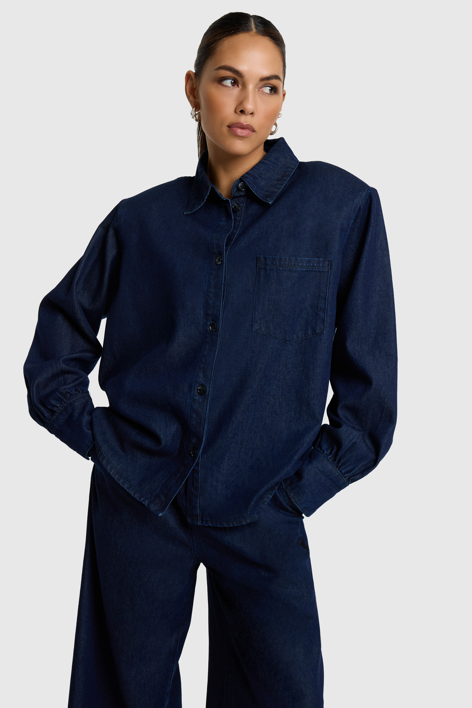 Ladies woven oversized denim blouse alix the label